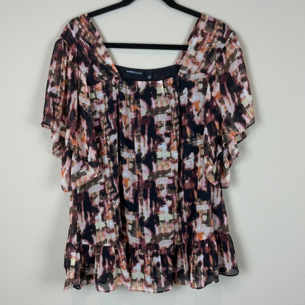 Jennifer Lloyd Black/Cream/Orange/Yellow Patterned Square Neckline Flowy Blouse